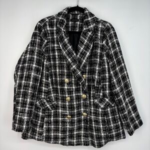 Lane Bryant Womens Size 18 Short Coat Black White Plaid Double Breasted Long Slv